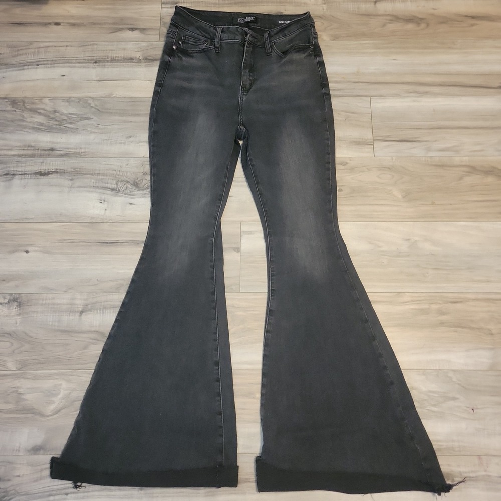 Judy‎ Blue Jeans Womens 7/28 Black Wash Denim High Rise Super Flare Raw Fray Hem